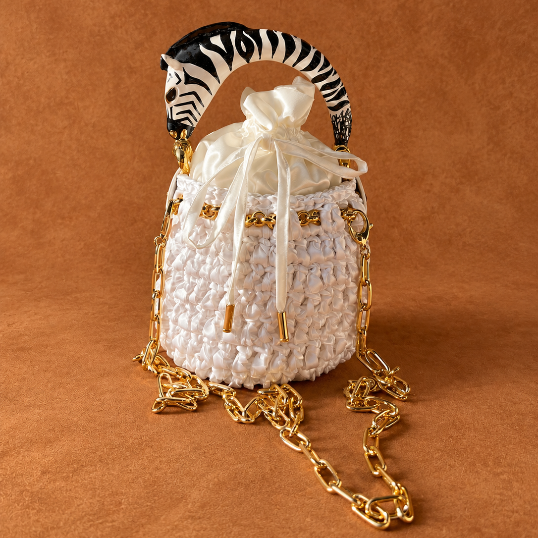 White Satin Bag with Zebra Handle