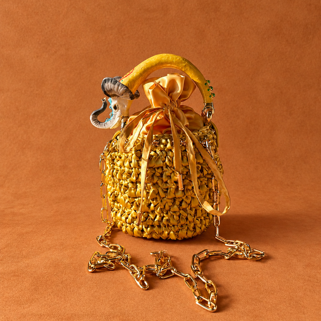 Yellow Satin Bag with Elephant Handle