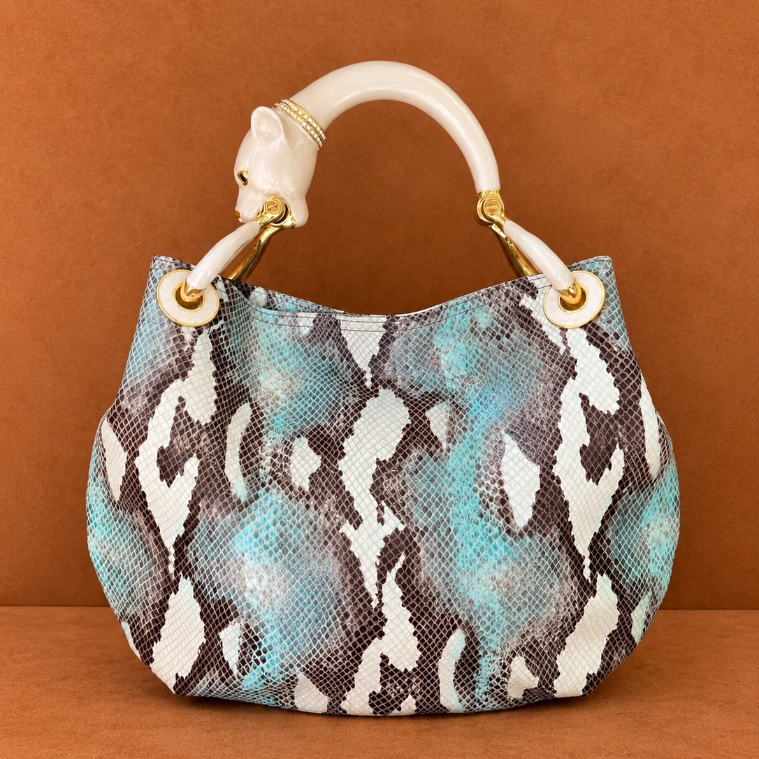 Borsa Baby Stampa Pitone Celeste Manico Pantera Perla